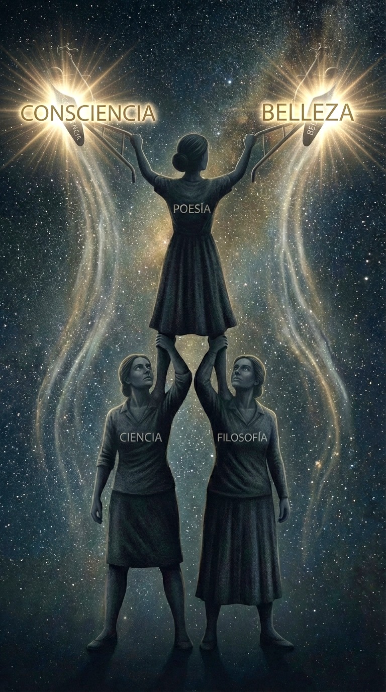 Ilustración de tres figuras: Ciencia y Filosofía sostienen en alto a Poesía, que alcanza Consciencia y Belleza, sobre un fondo estrellado